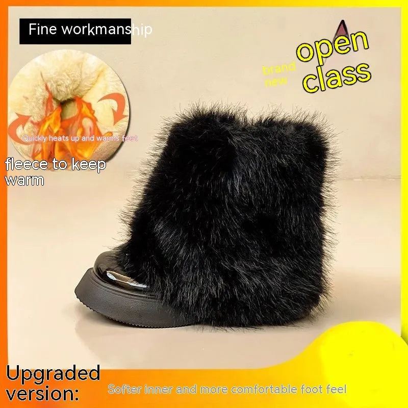 Women's black fleece-lined snow boots with waterproof rubber platform sole