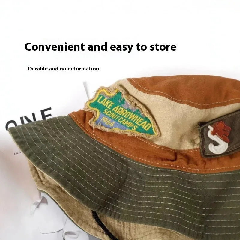 Army green cotton foldable fisherman hat with hand-painted patchwork and flat top crown