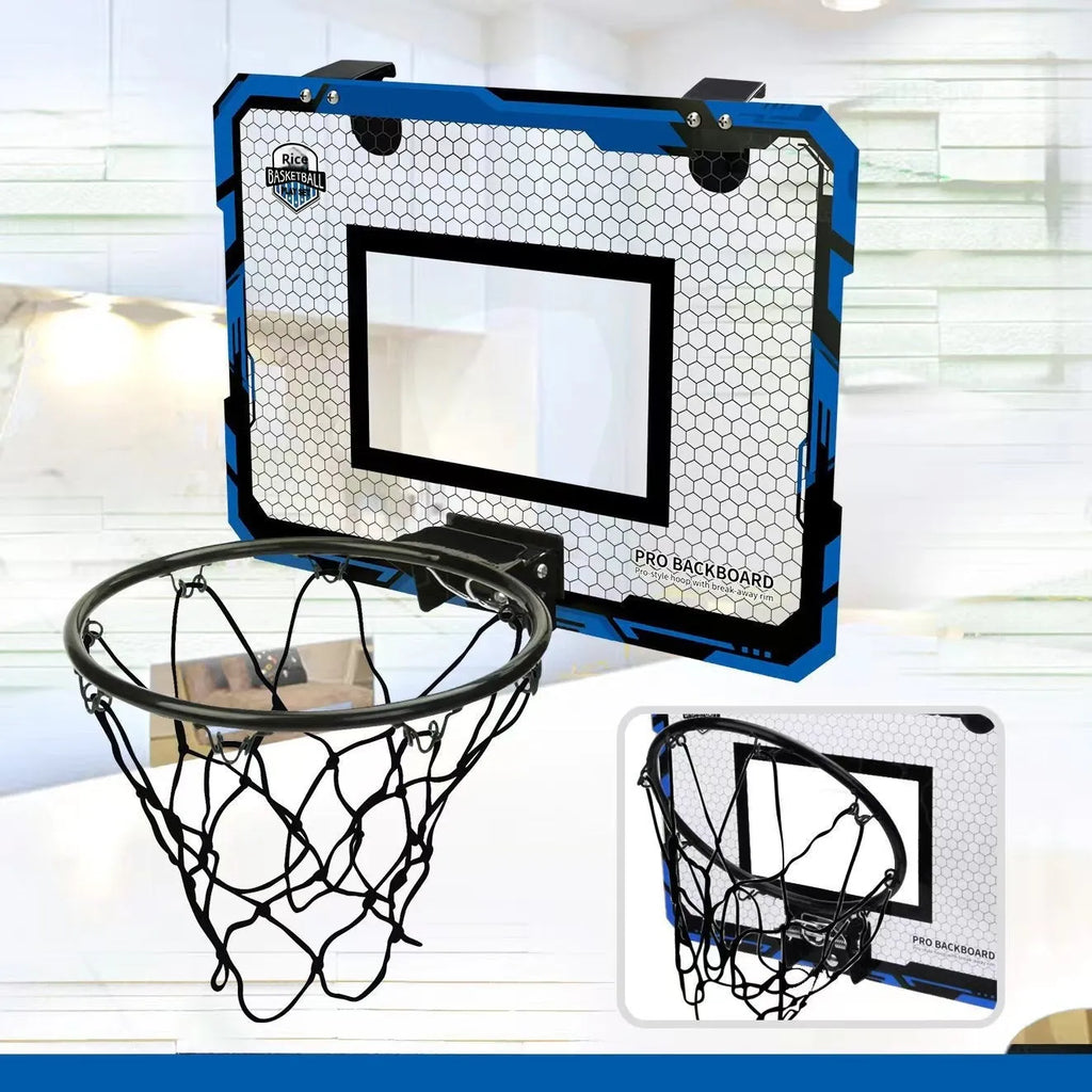 Red and blue folding basketball frame with dunk scoring markings and suction cup mounting system