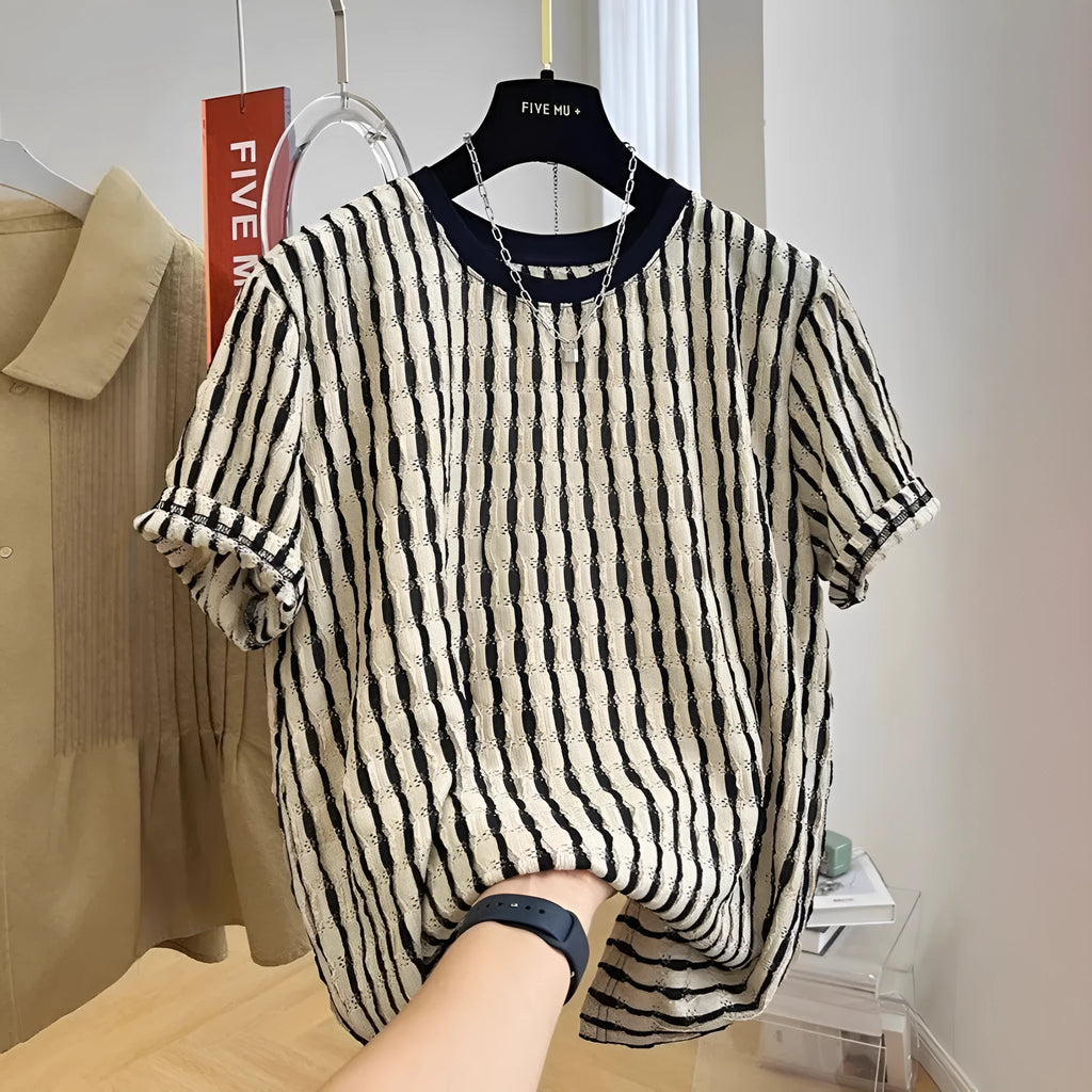 Men's black striped casual shirt with short sleeves and loose fit