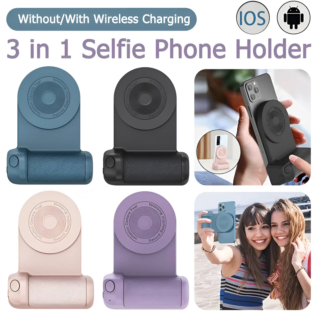 Black magnetic wireless charging camera bracket with rotatable phone holder and ergonomic handle