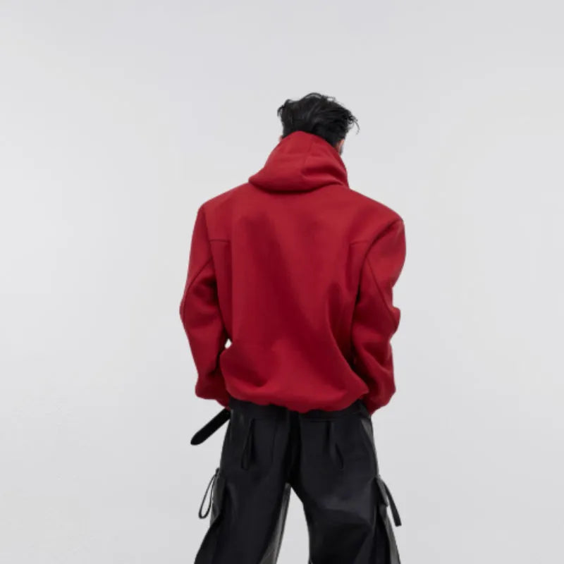 Men's loose red hooded sweater with metal 3D printed design and structured shoulder pads