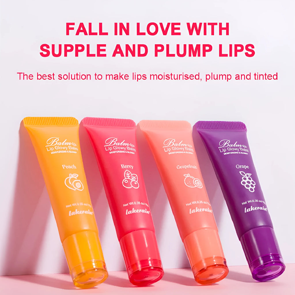 Women's fashion lip gloss in natural finish with fruity flavour options displayed