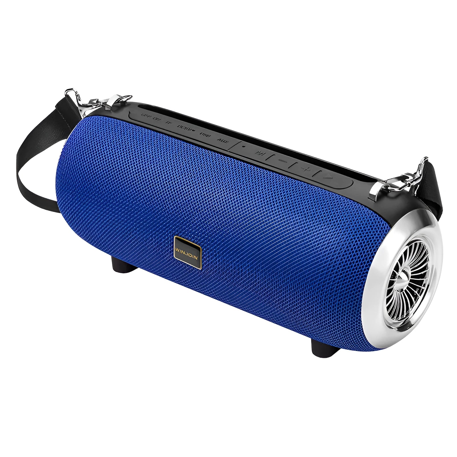 F666 portable fabric Bluetooth speaker with shoulder strap on a table next to a phone