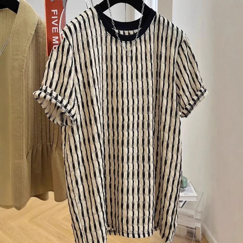 Men's black striped casual shirt with short sleeves and loose fit