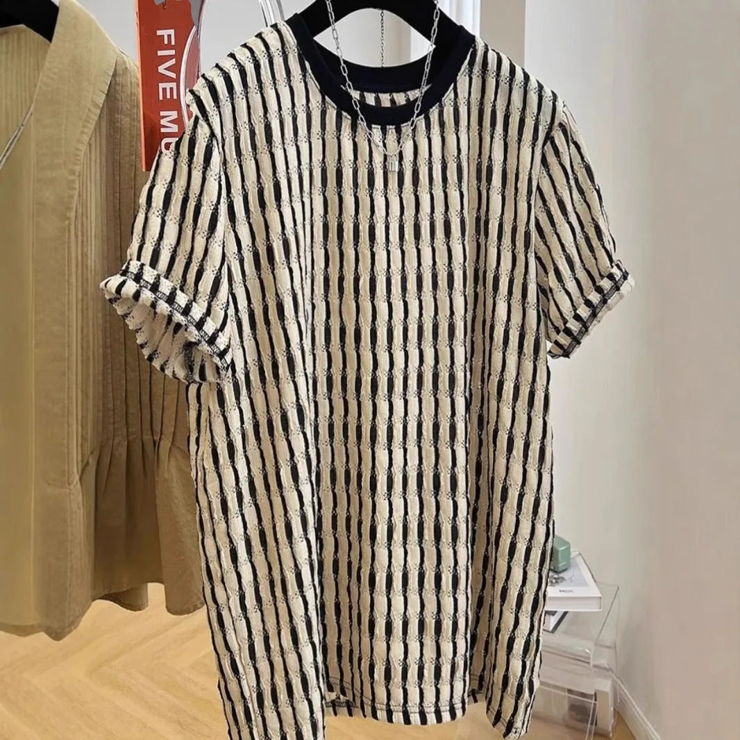 Men's black striped casual shirt with short sleeves and loose fit