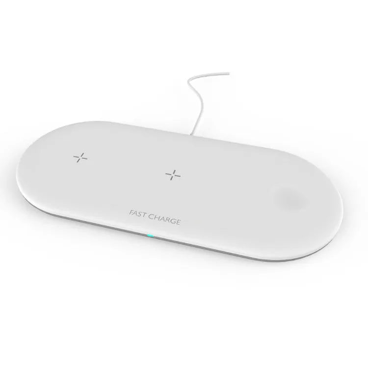 Black three-in-one wireless charging station for Apple Watch, iPhone and AirPods on a desk.