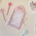 Cartoon plaid PVC card holder pendant in strawberry and four-leaf clover styles for 3-inch cards.