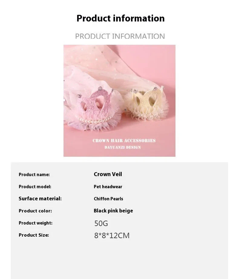 Pet cat wearing princess crown headdress with beige crown veil accessory