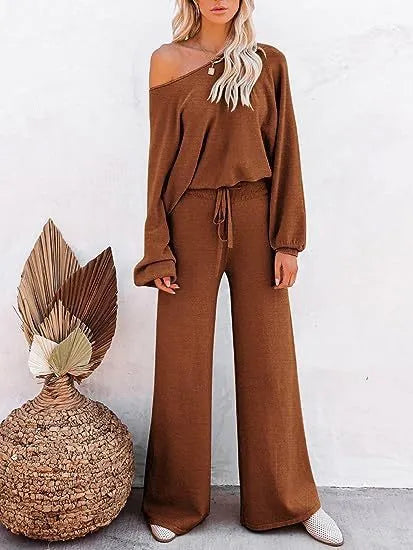 Women's casual solid colour two-piece set, long-sleeved top and trousers, polyester, beaded detail, in apricot colour