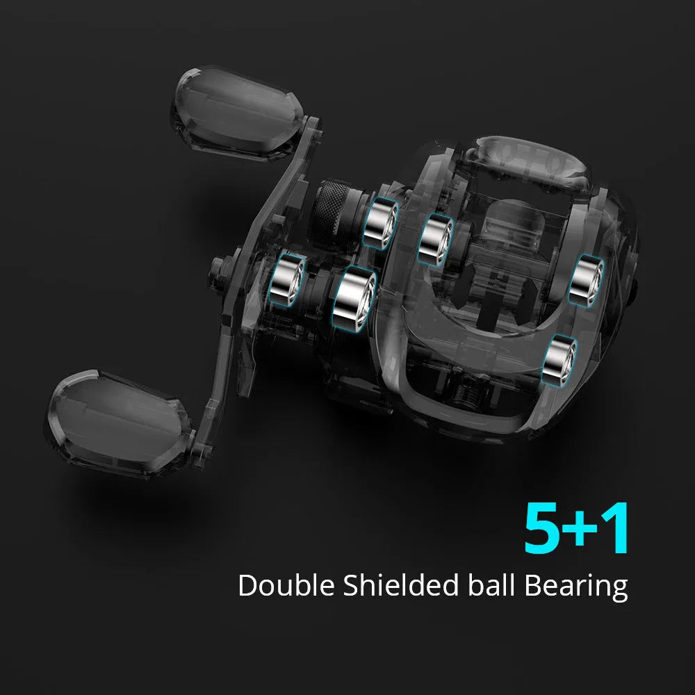 Drip wheel lure fishing reel with rocking wheel line control in left and right hand wheel versions