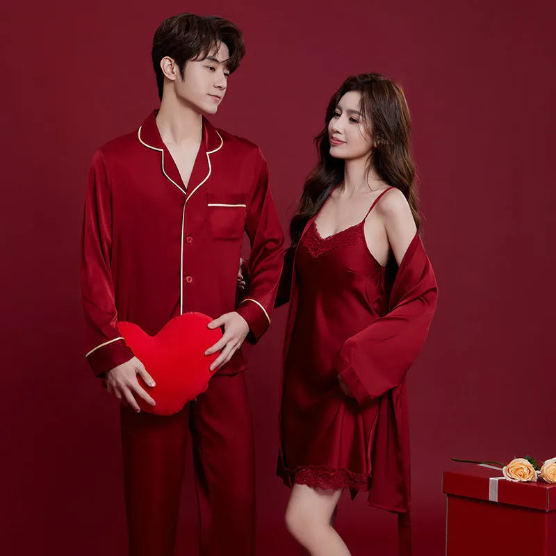 Red men's and women's matching sleepwear set with long sleeves and trousers for wedding and home wear