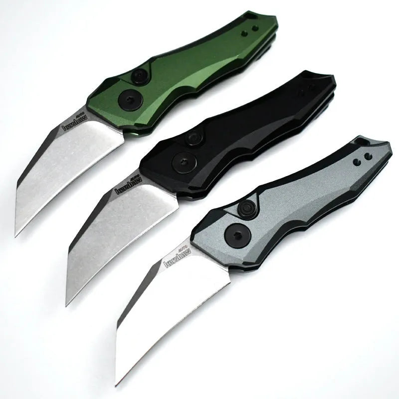 Outdoor folding pocket knife with metal construction showing black, grey, and green colour options