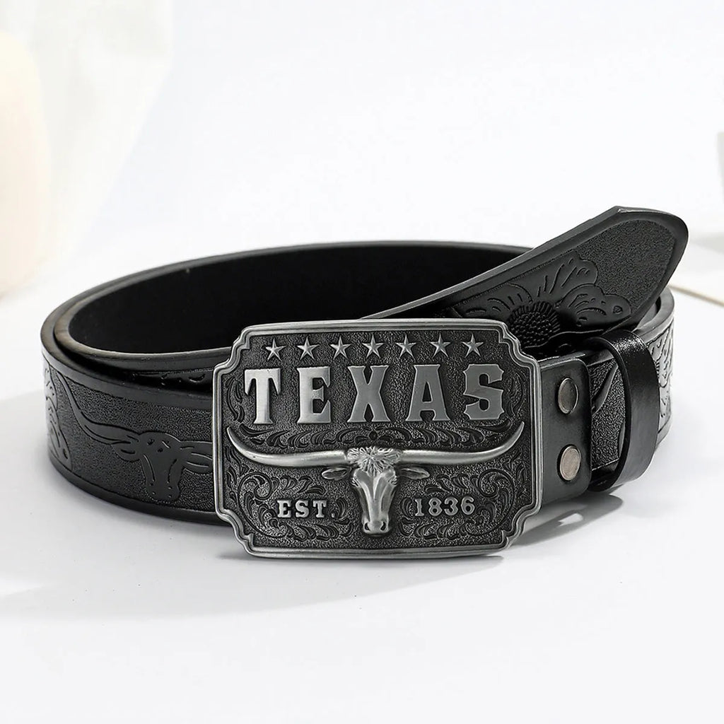 Brown PU leather belt with alloy cow head buckle, 120cm length, western retro style