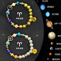 Two adjustable beaded bracelets with natural stone zodiac sign charms laid flat.