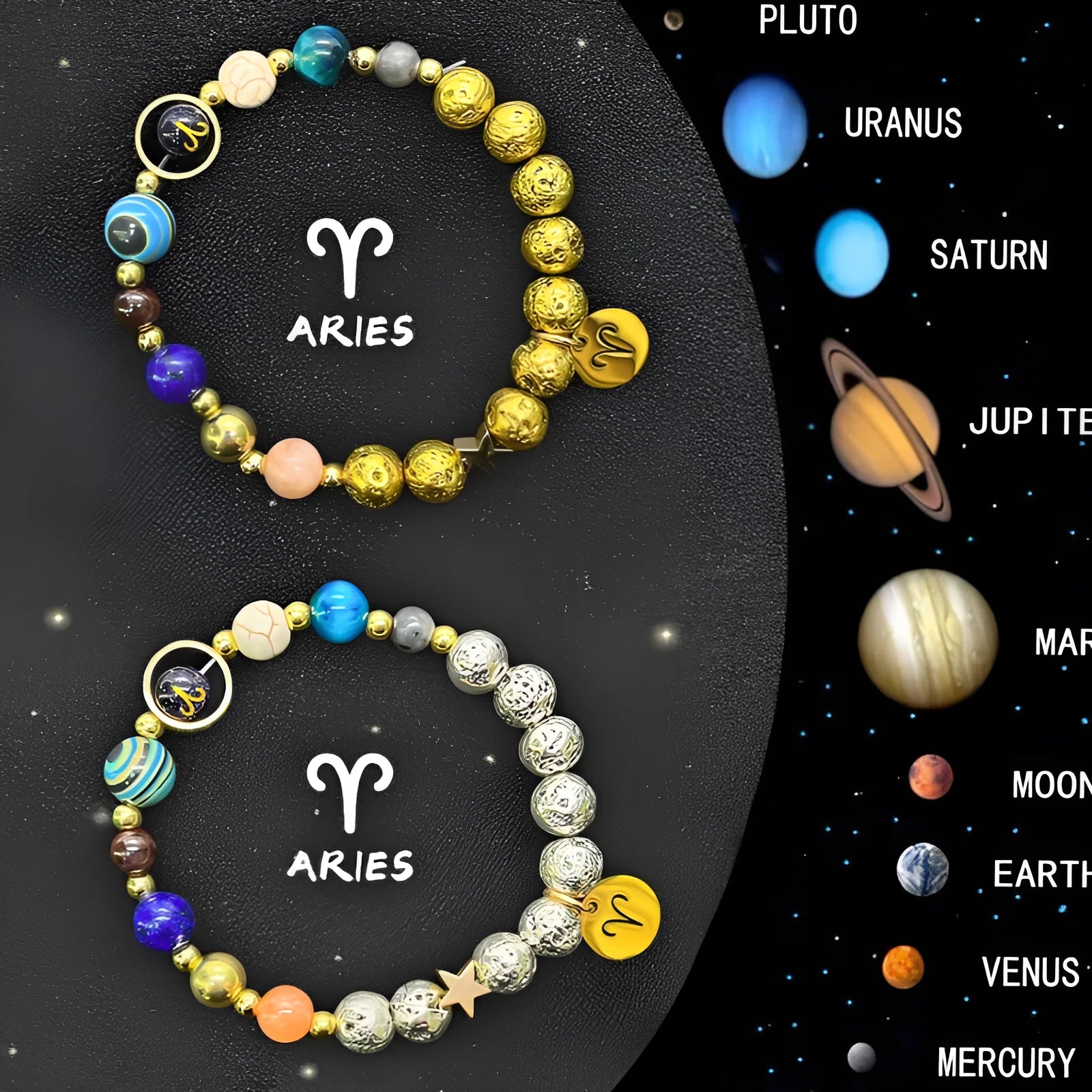Two adjustable beaded bracelets with natural stone zodiac sign charms laid flat.