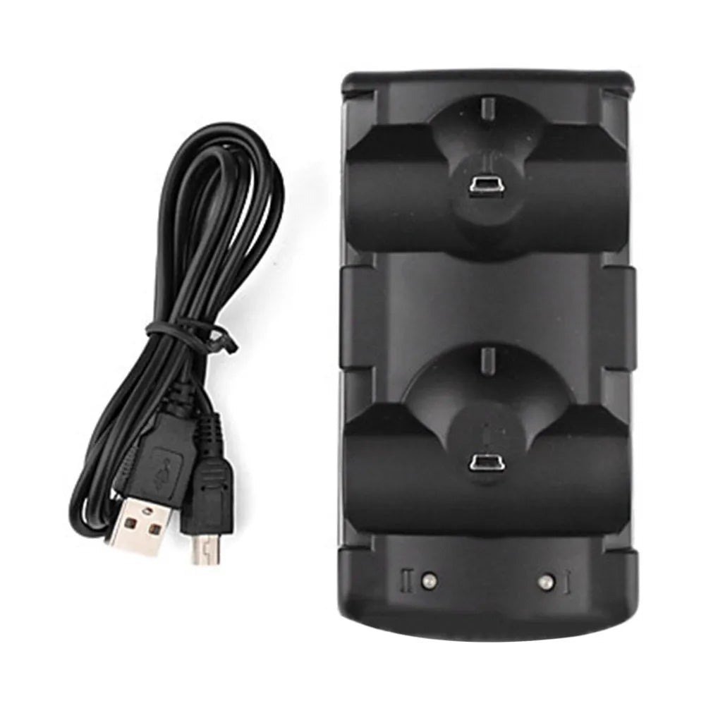 Black plastic PS3 dual USB charging dock for wireless controllers and Move navigation.