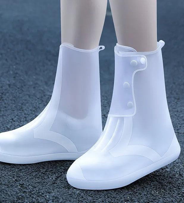 PVC women's waterproof shoe covers in white high-top design for indoor cleaning and outdoor rain protection