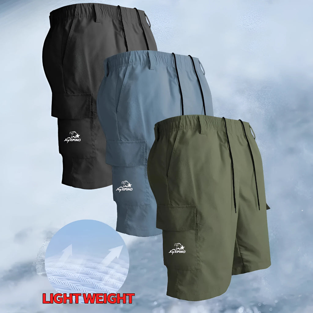 Men's loose straight-leg casual sport shorts in polyester, shown in black, blue, green, and khaki.