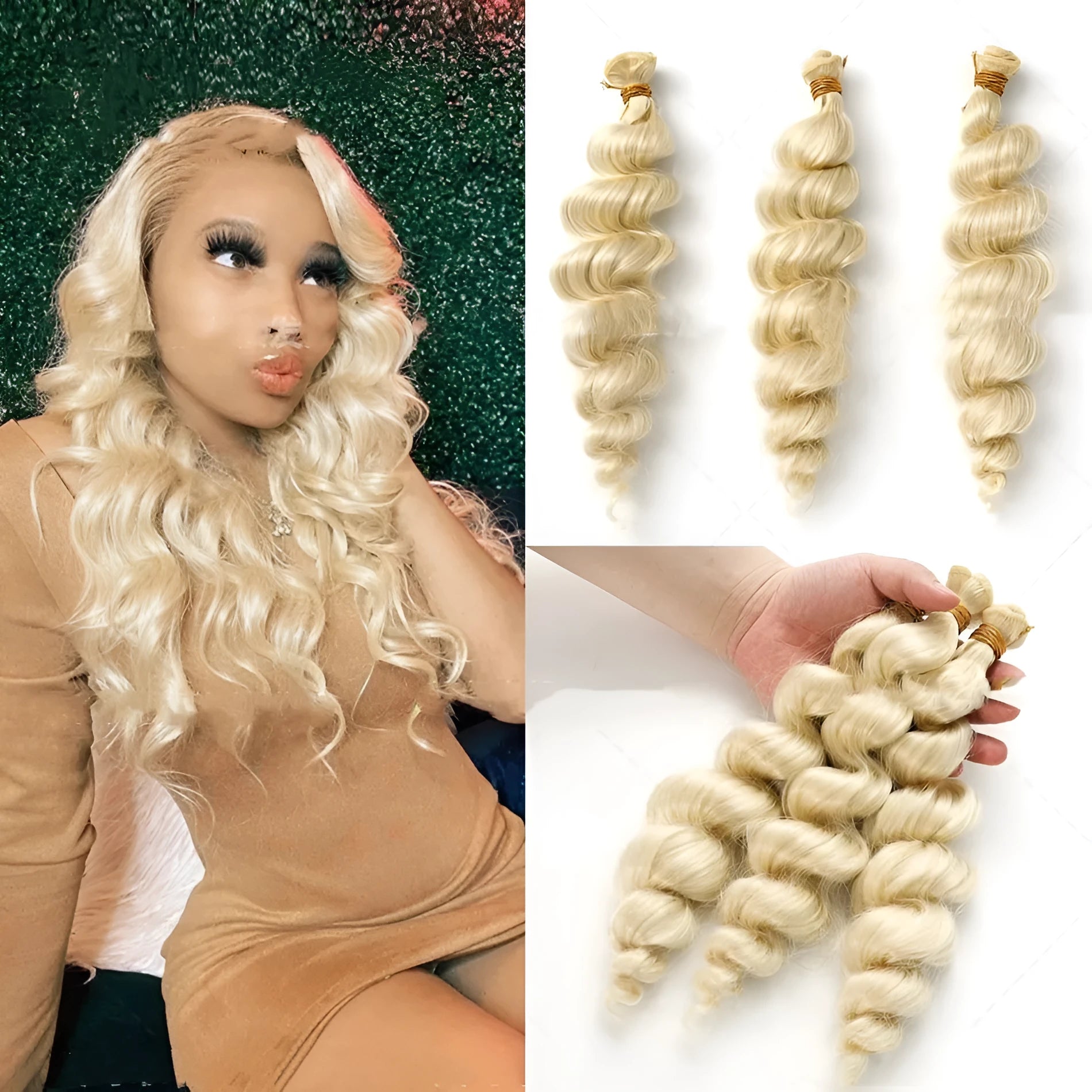 Golden synthetic wig on a stand showing long, straight high-temperature chemical fibre weft.