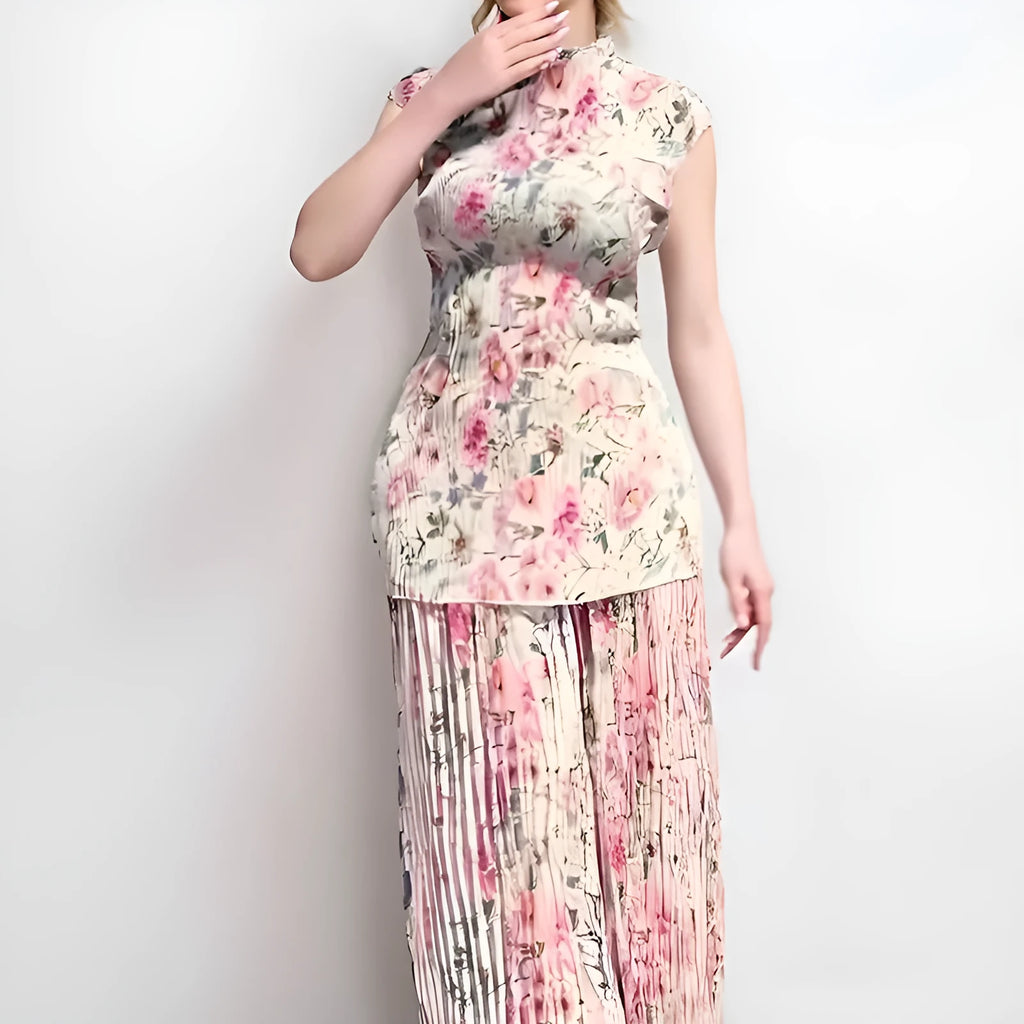Long sleeve printed chiffon dress with high waist design in picture colour pattern