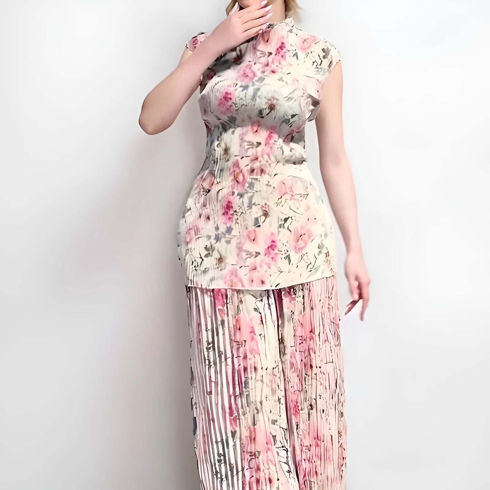 Long sleeve printed chiffon dress with high waist design in picture colour pattern