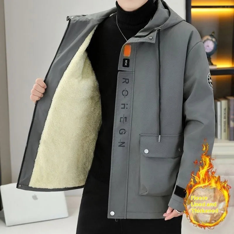 Men's casual hooded winter jacket with fleece lining in corduroy rabbit fur, colour black, front view