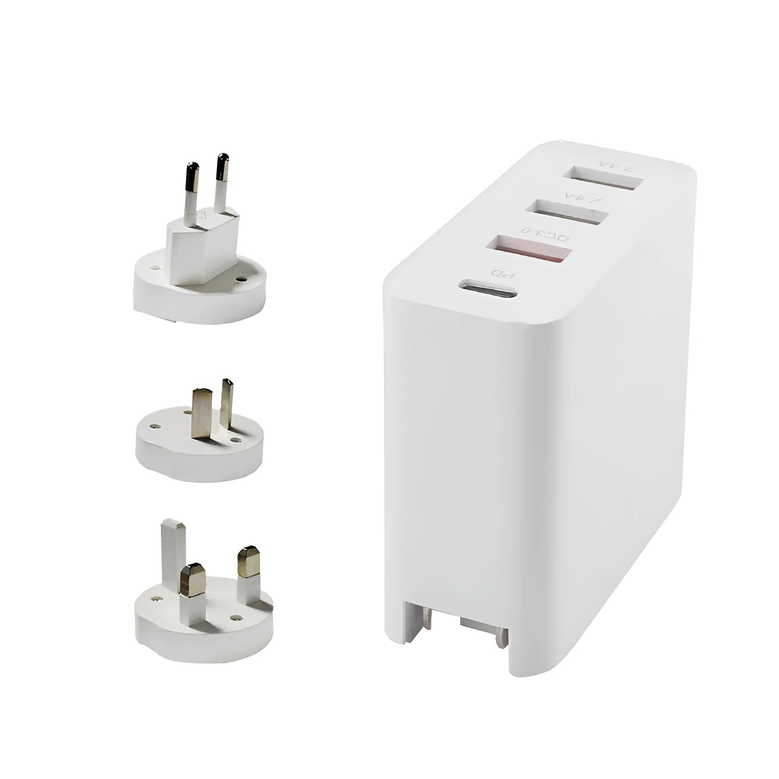 Black and white 48W four-port USB-C PD charger with international plug options