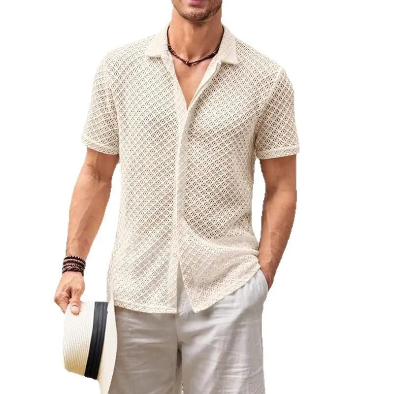 Men's lapel collar short sleeve shirt in cotton blend fabric shown in neutral colours