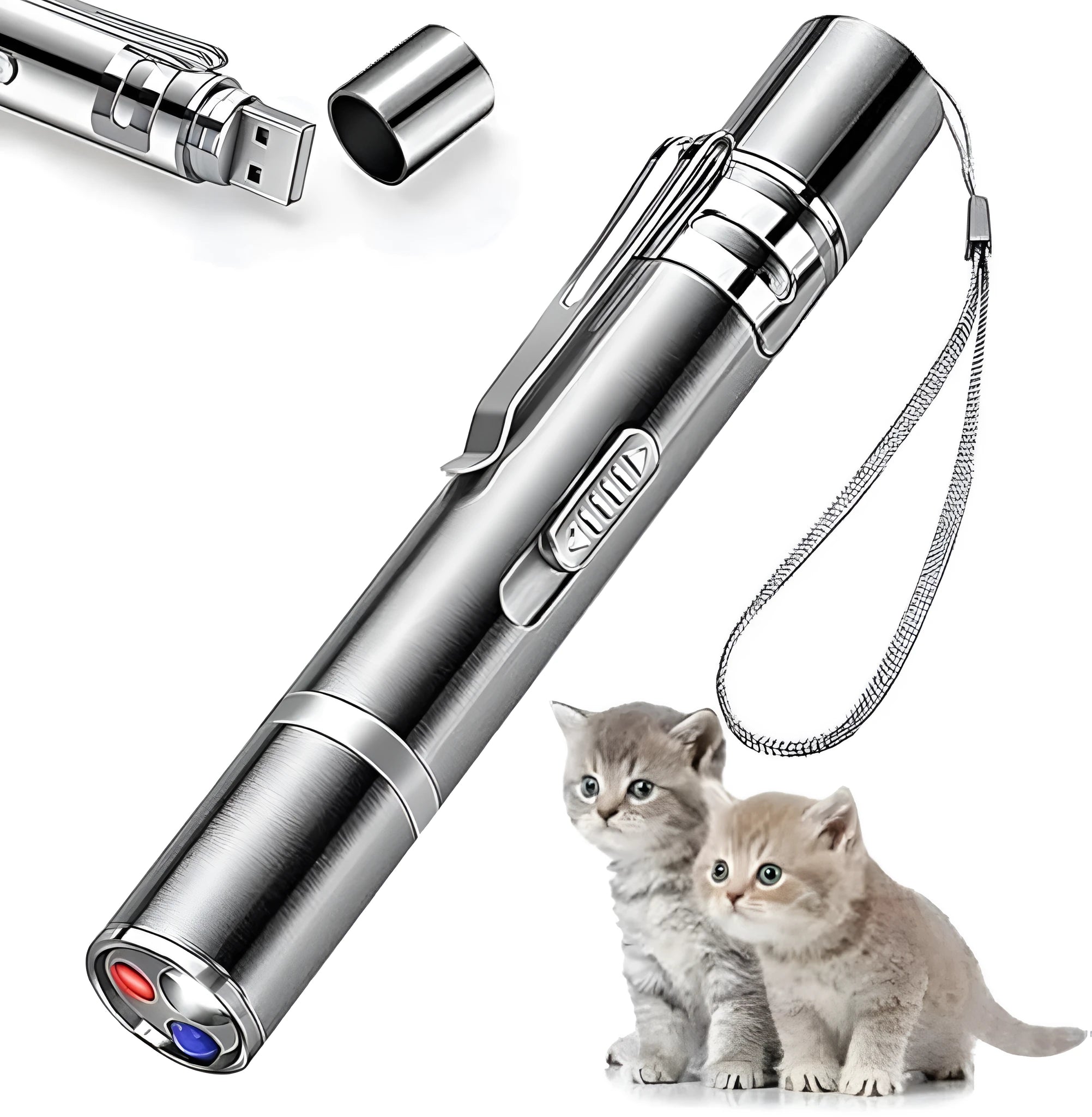 Silver aluminum cat laser toy pointer with gear controls and metal clip