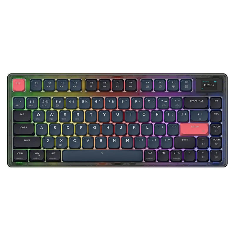 AJAZZ AK832PRO mechanical keyboard with colour screen showing blue lighting on PBT keycaps