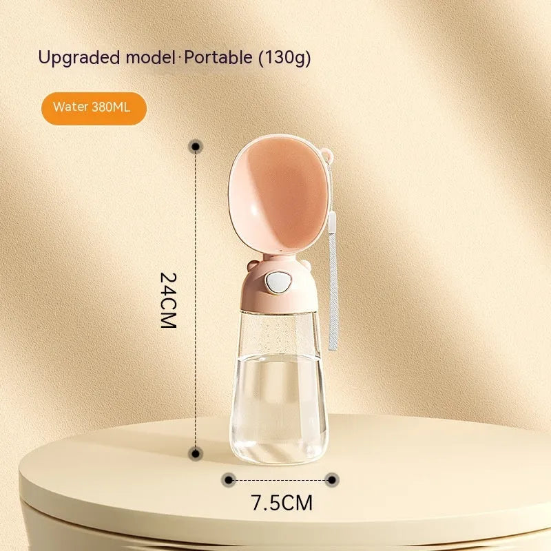 Portable dog water bottle with integrated food container for outdoor travel with pets