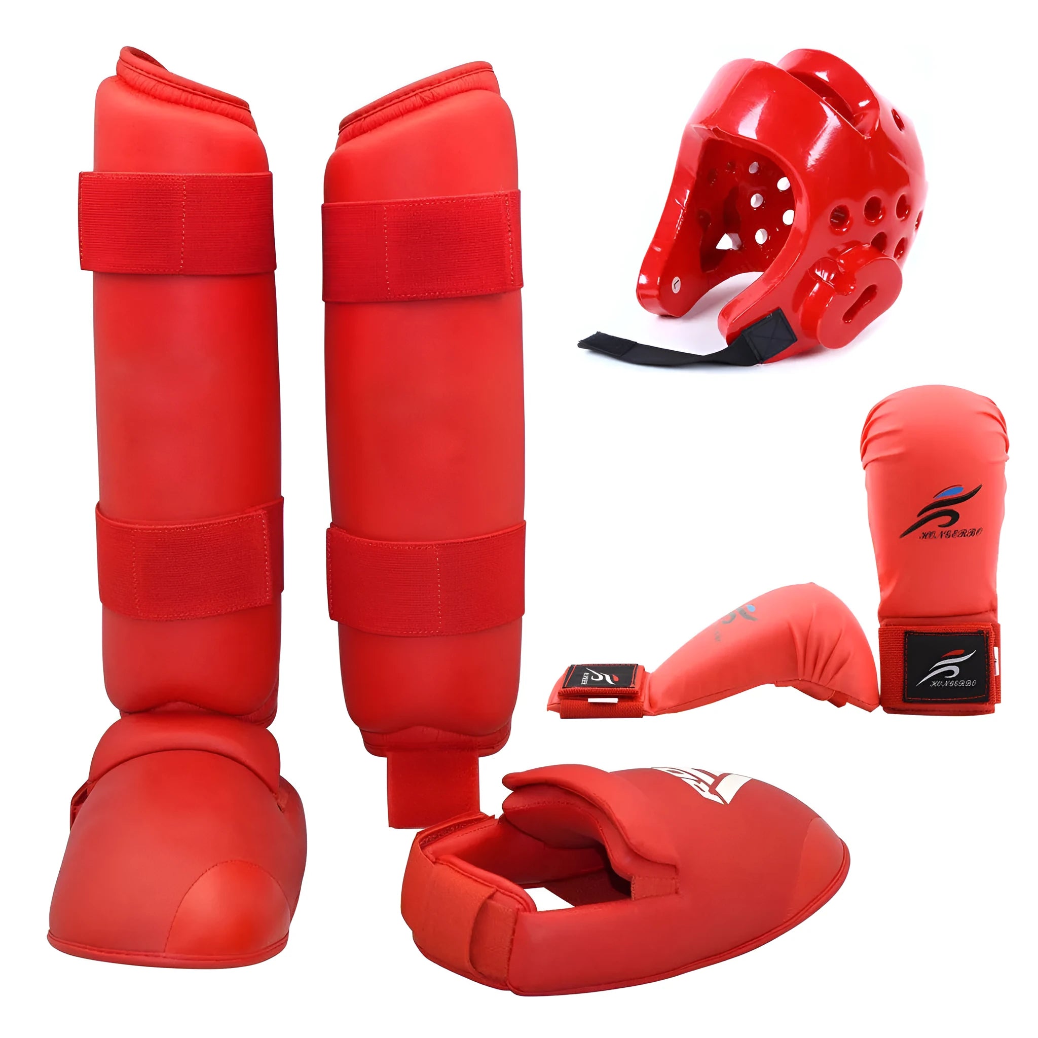 Complete martial arts protective gear set with red leg guards, helmet and boxing gloves