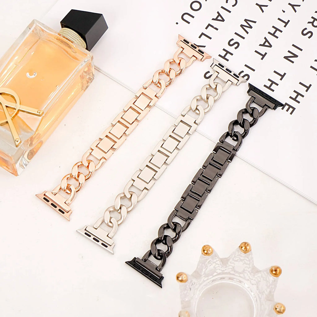 Silver denim chain link metal strap for Apple Watch with 22mm lug width on a 41mm case.