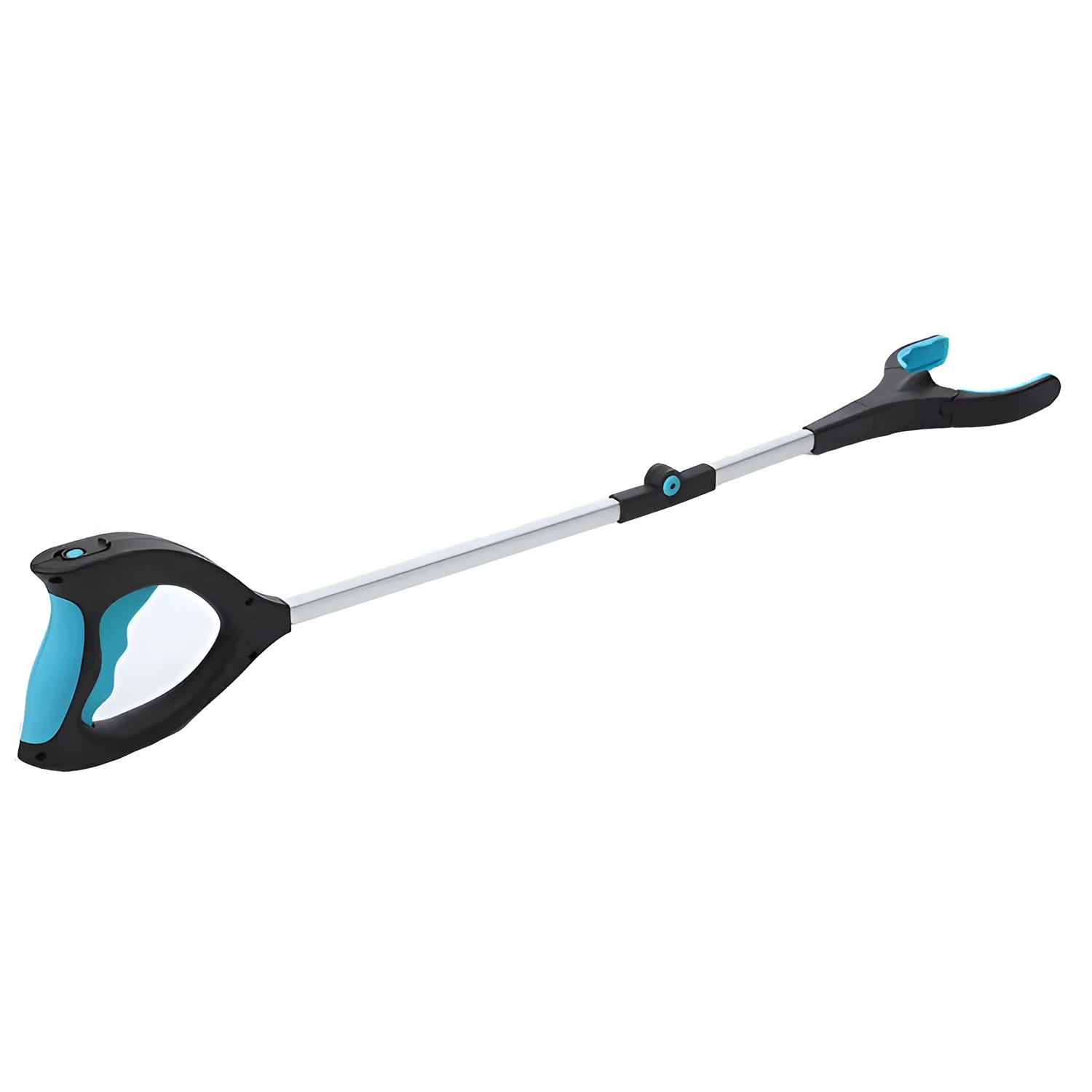 Blue telescopic folding walking stick shown extended and collapsed to 13cm, with TPR handle.