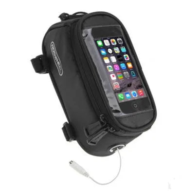 ROSWHEEL black PVC bicycle frame bag mounted on bike, holding a mobile phone.