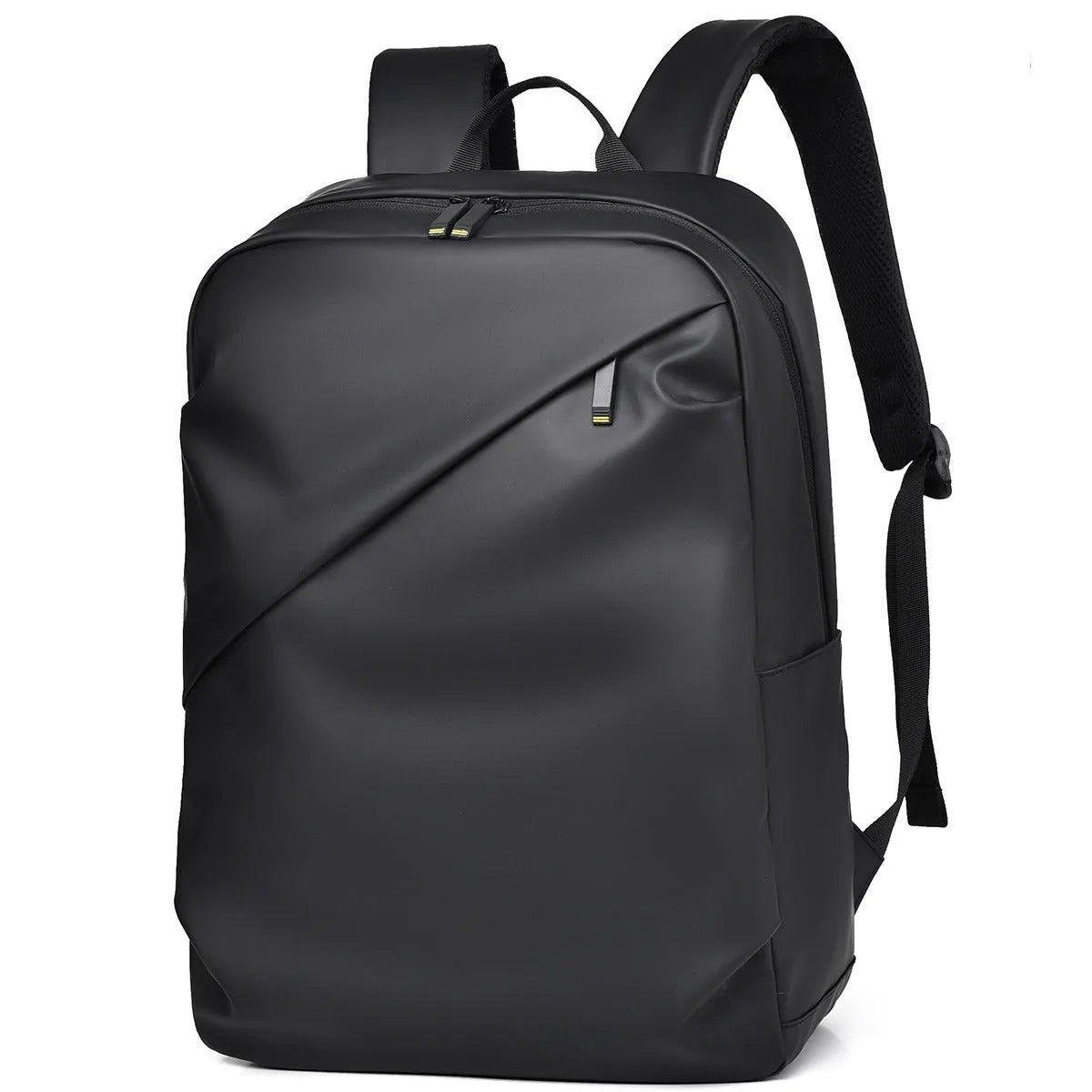 Large black waterproof PU leather backpack with sewing thread detailing