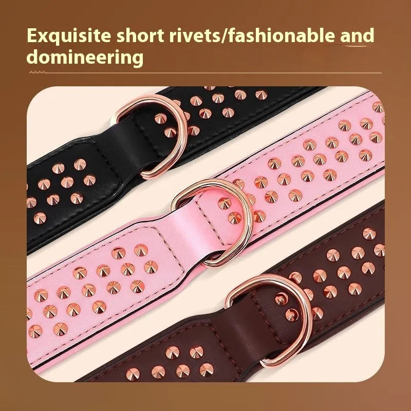 Leather dog collar with metal rivets in chocolate colour, shown alongside pink and black options.