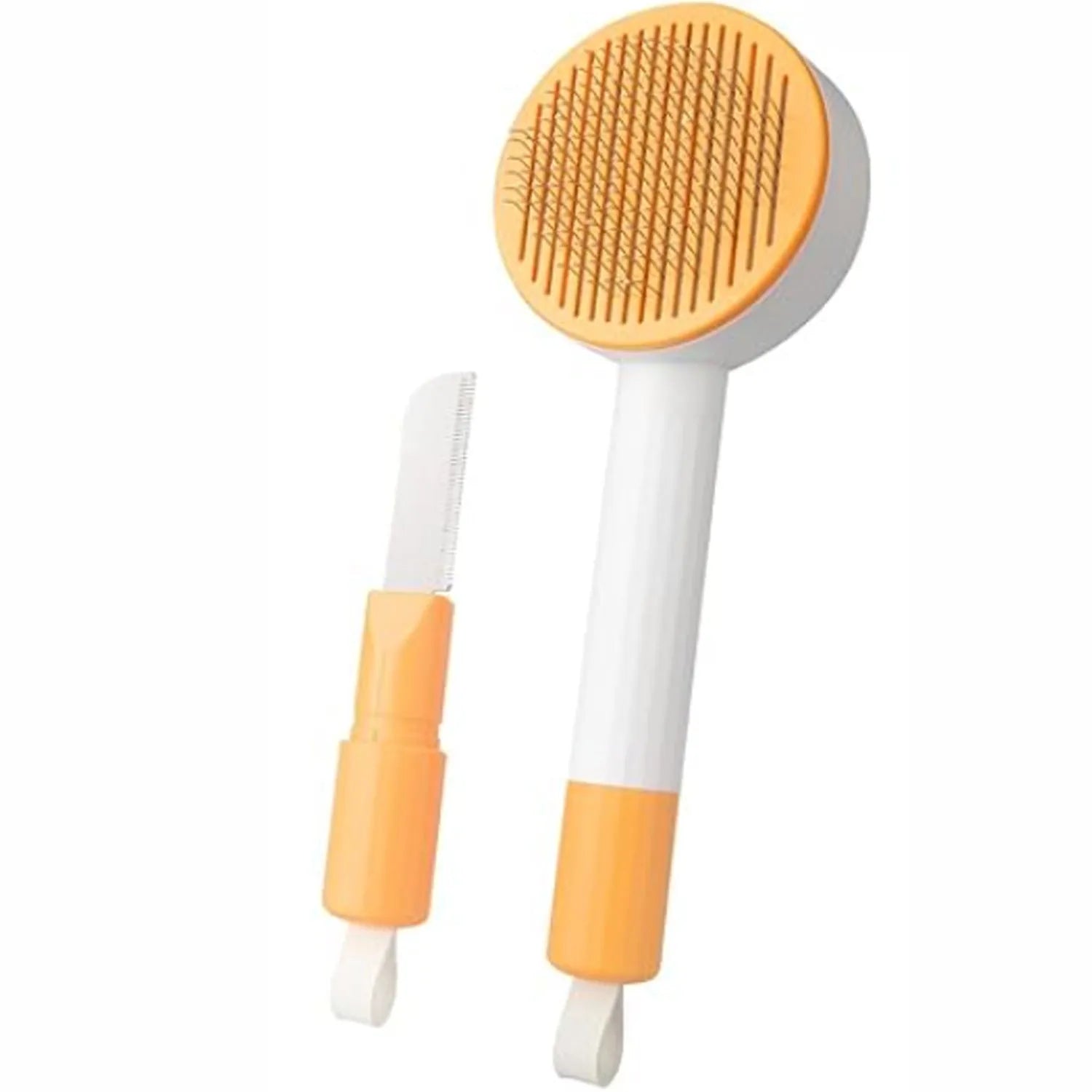 Green and yellow 2-in-1 pet grooming brush with stainless steel bristles for cats and dogs