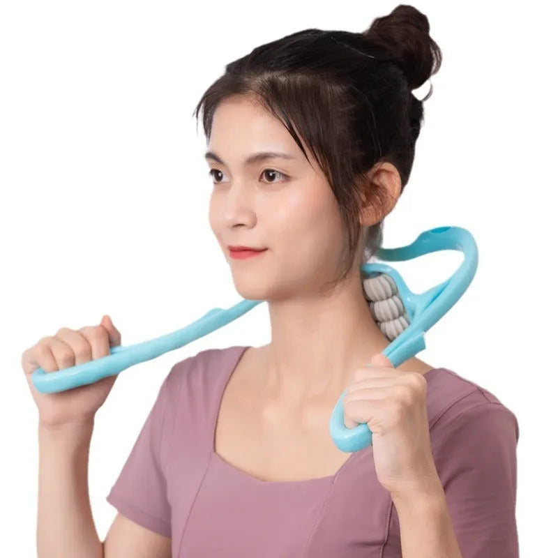 Blue plastic handheld massager with six rotating wheels and an ergonomic handle for neck, shoulder, and waist use.
