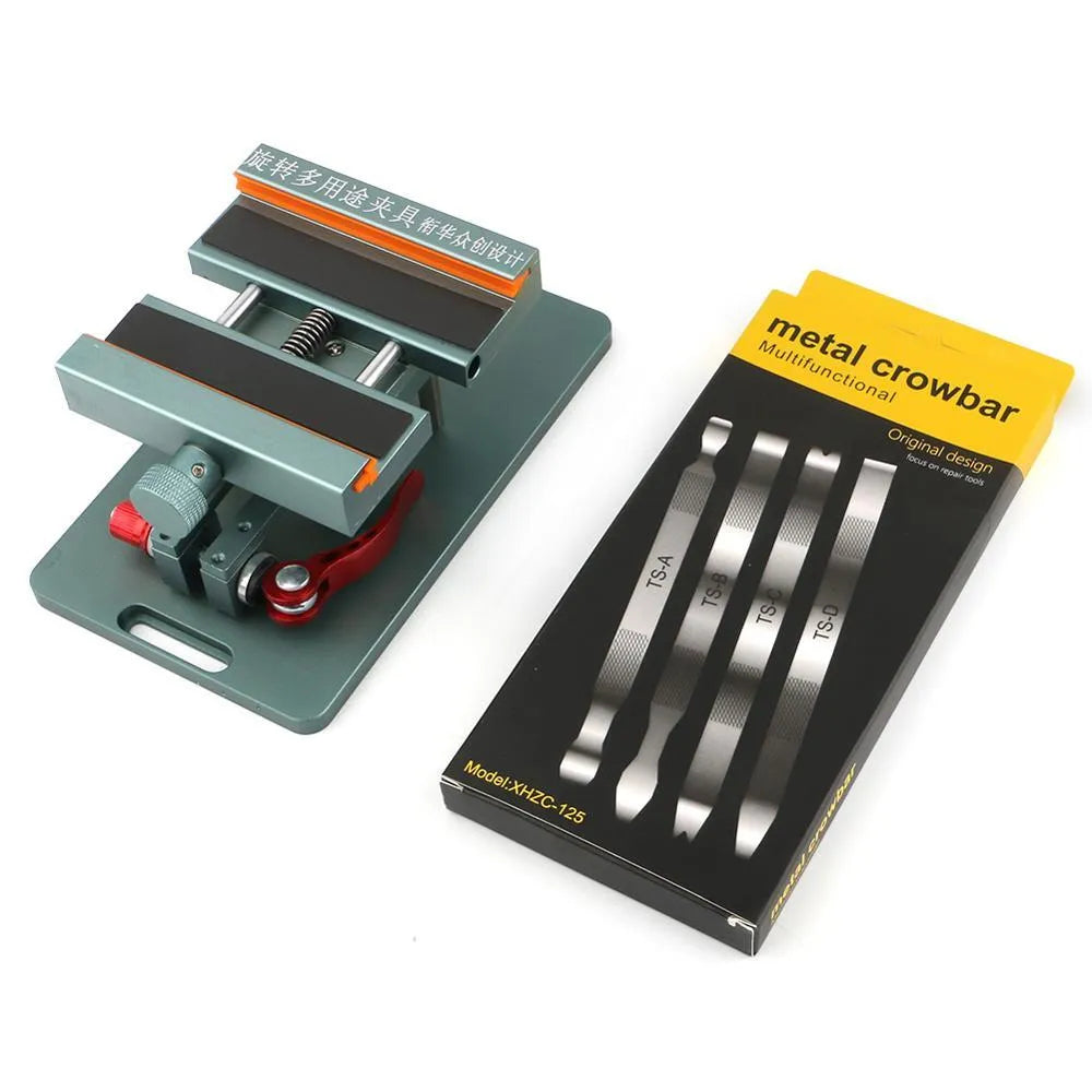 Black mobile phone repair fixture with silicone grips and a metal crowbar tool for disassembly