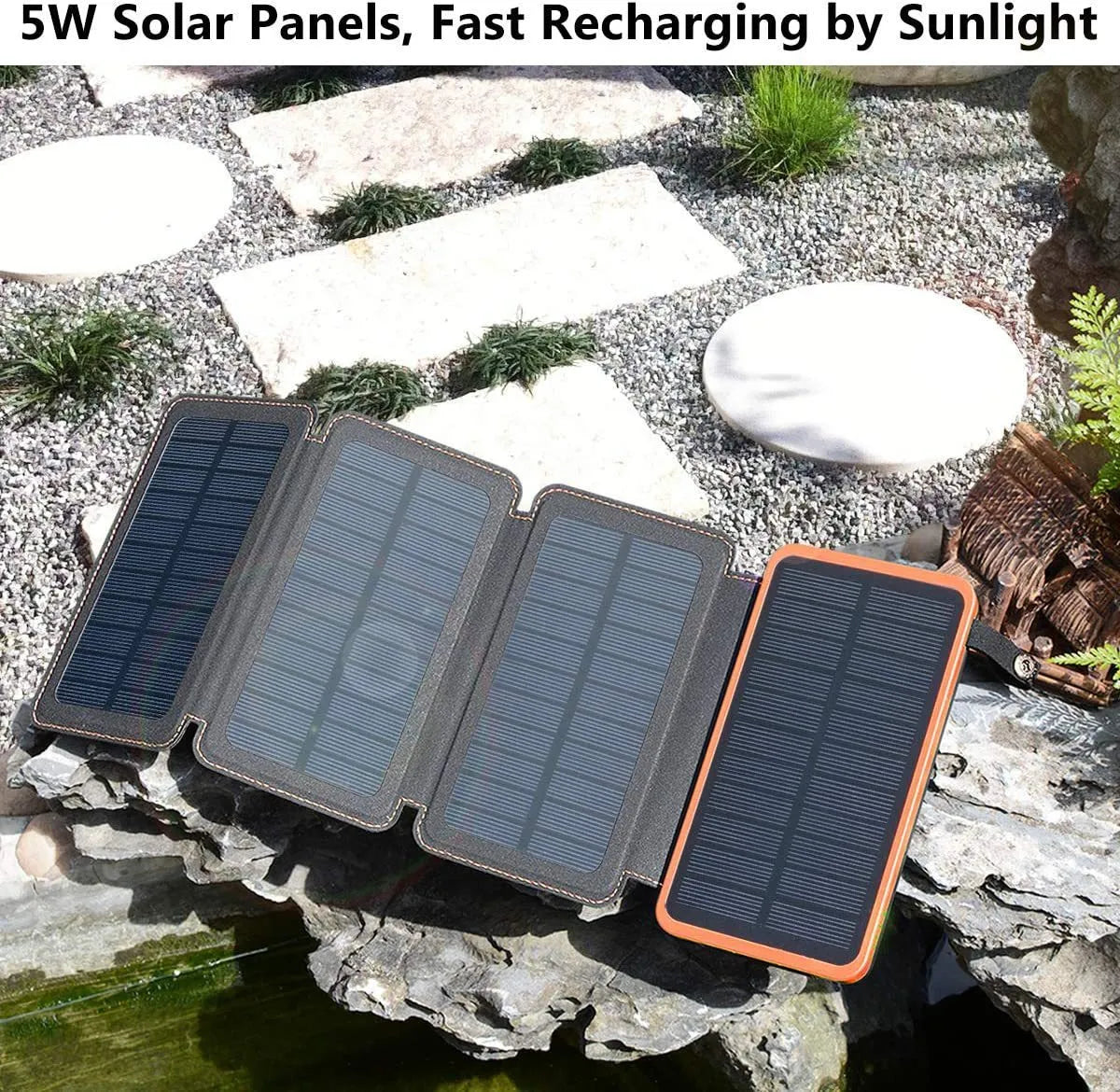 Black outdoor solar phone charger with leather exterior, solar panel, and LED light.