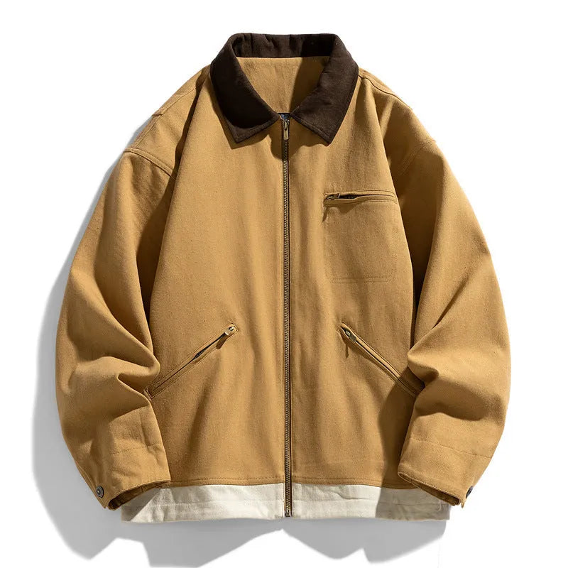 Korean style men's jacket with contrast lapels in polyester fabric with side seam pockets