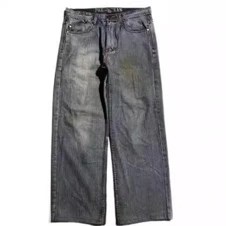 Men's gray American retro washed-out wide-leg denim jeans with mid waist and straight leg cut
