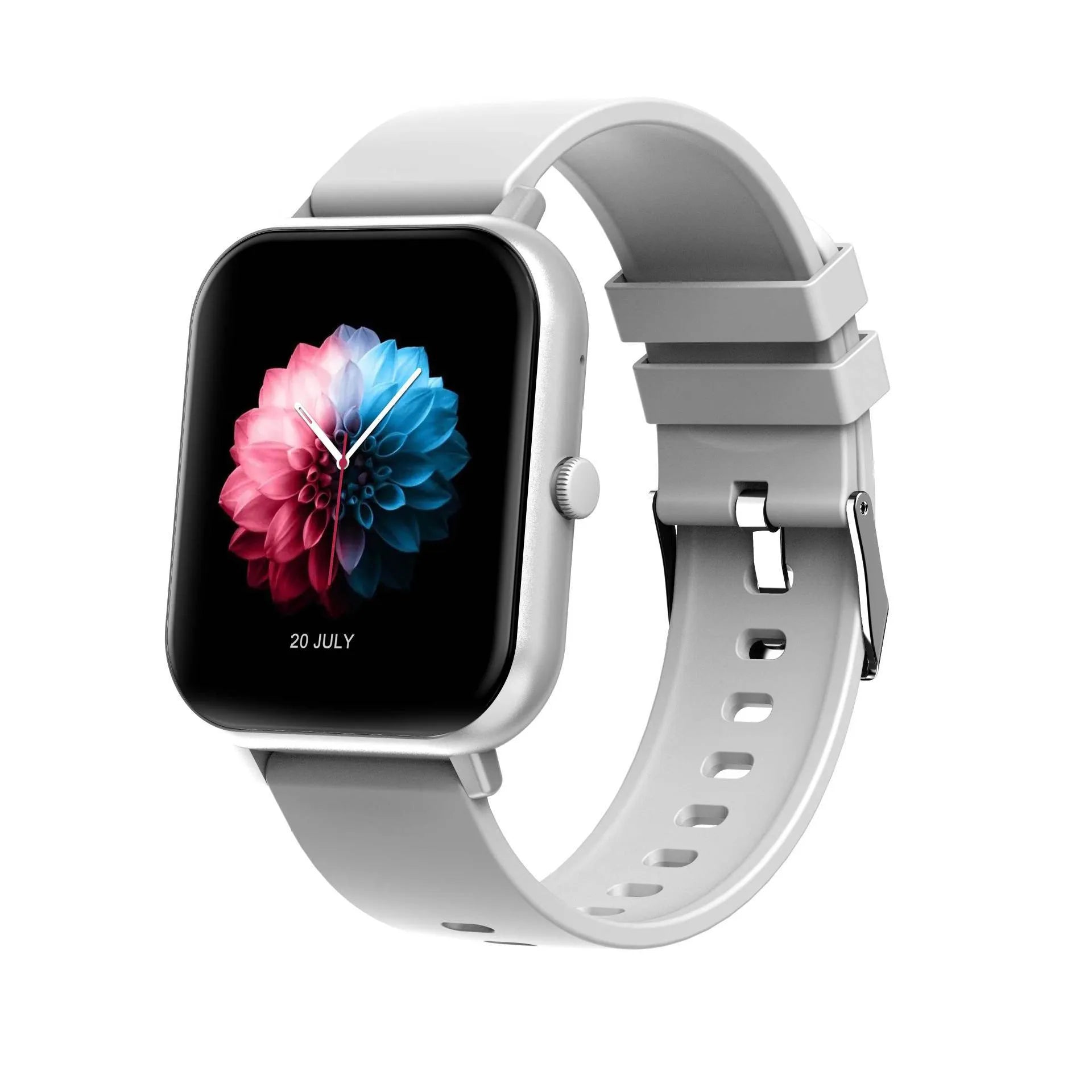 Bluetooth smart watch with heart rate monitor on wrist, showing black, silver grey, pink, and khaki colour options.