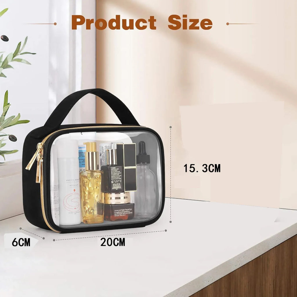 Transparent PVC wash bag with a chain strap in various colours for lipstick and toiletry storage.