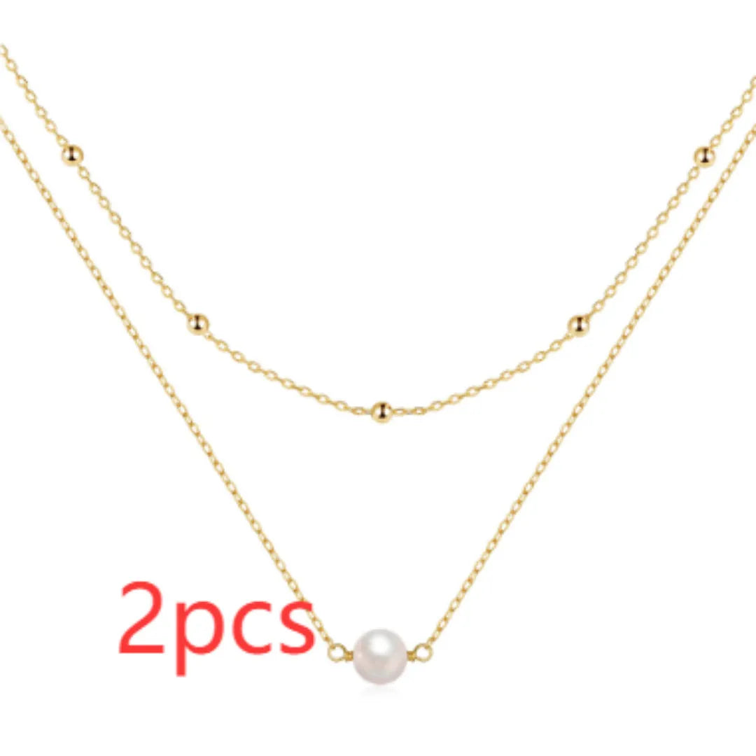 S925 sterling silver double layer necklace with geometric twin pearl pendant on a ball bead chain.