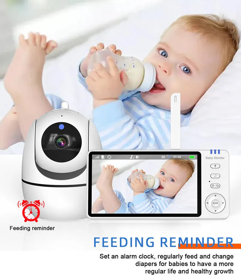 White 5-inch HD baby monitor with camera on a nursery shelf.