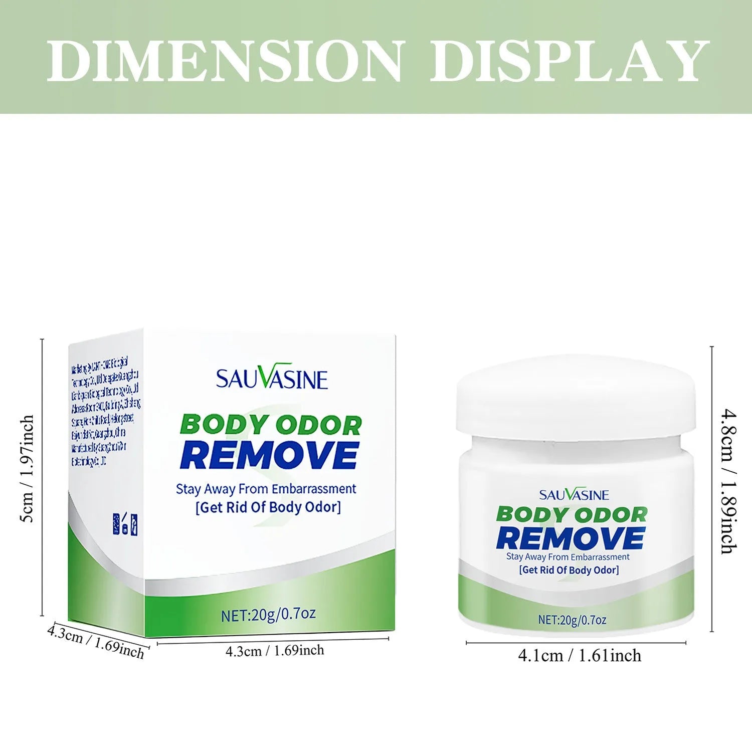 Body Care Body Odor Cream 20g in compact container with dimensions 4.3x4.4x5cm for portable daily use