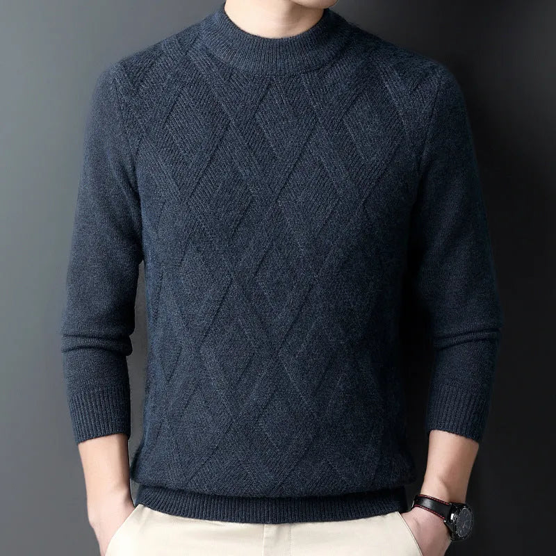Men's thicken thermal wool diamond jacquard pullover sweater in plus size, shown in light camel colour.